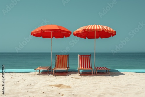 Beach deck chairs and umbrella set on light background