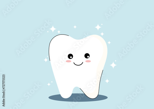 Happy healthy cartoon tooth character illustration. Clear tooth concept, brushing teeth, dental kids care on blue background