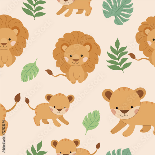 Safari pattern. Vector illustration safari animal and tropical leaves, for kids card, posters on light background.