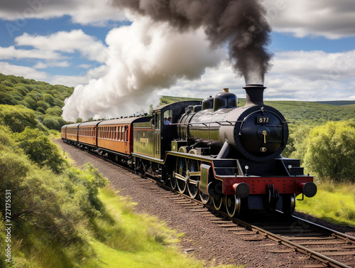 A nostalgic steam locomotive chugs through a picturesque landscape, evoking a sense of bygone eras.
