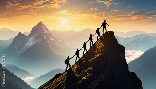 sunset over the mountains. Illustrated of row of people helping each other up a mountain. Concept of teamwork, assistance