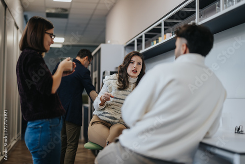 Cheerful businesspeople brainstorming ideas, discussing statistics and enjoying coffee in a modern kitchen. Collaboration and teamwork lead to success in this vibrant office setting.