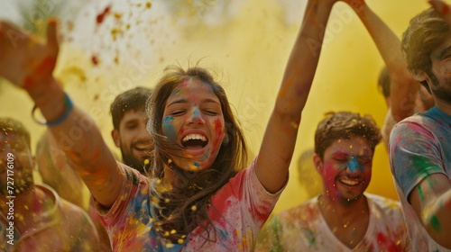 Multicolored Powder-Covered Group of People Celebrating, Holi