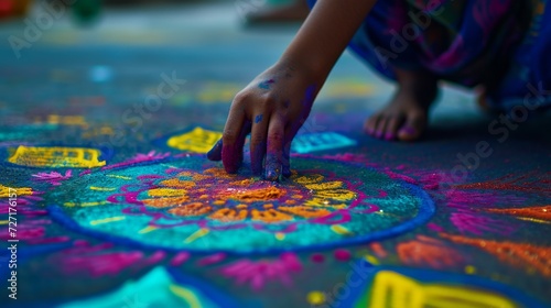 Person Placing Colored Powder Hands on Table, Bright and Colorful, Holi