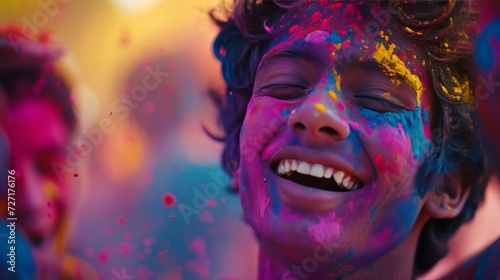 Woman Covered in Pink and Yellow Confetti at Festive Celebration, Holi