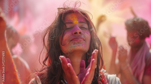 Group of People Celebrating With Raised Hands in the Air  Holi