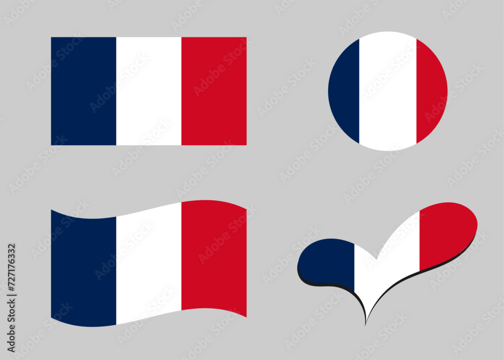 Flag of France. France flag in heart shape. France flag in circle shape. Country flag variations