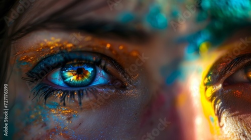 Portrait of a Woman With Striking Blue Eyes and Vibrant Makeup, Holi