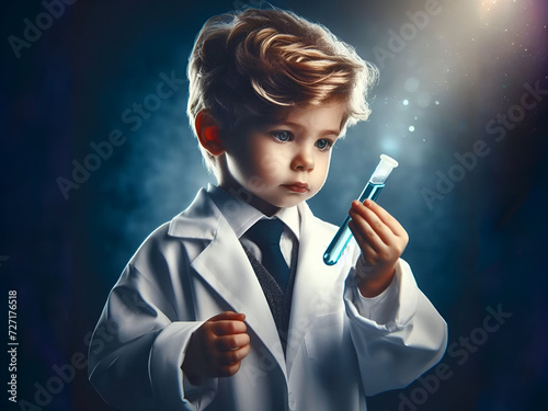 Little boy wearing a scientist's outfit holding a test tube The discovery was successful exciting.