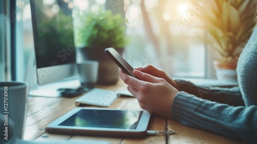 Shopping online with smartphone. hand holding smartphone over table top. 