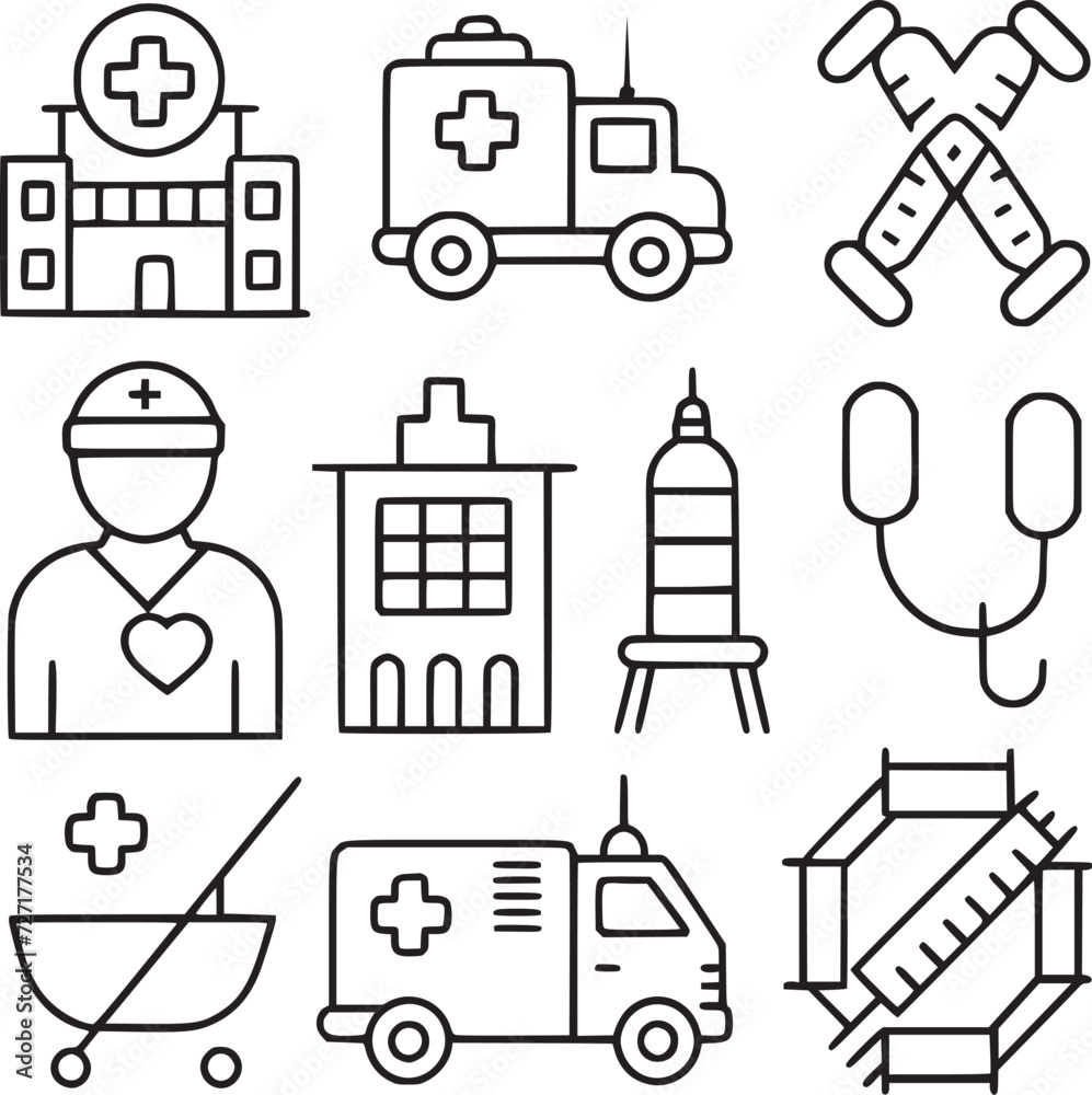 hospital and medical care icon set. hospital and medical care icon set.