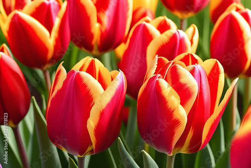 Close-up of a field of red and yellow tulips in full bloom with green foliage in the background.