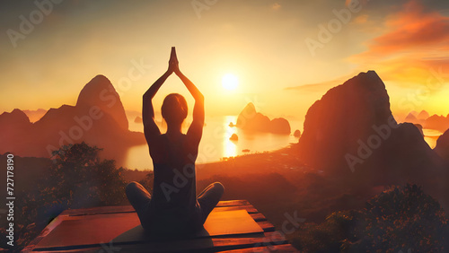 Male model sitting and practicing yoga facing the sun in the evening sunset