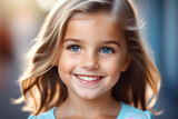 Smiling Little Girl with Blonde Hair, Blue Eyes, Blue Dress Cute Ponytail