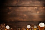 beverage frame background with glasses of beer and dynamic splash of water on dark brown wood background