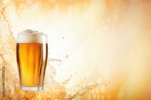 beverage frame background with a glass of beer and dynamic splash of water on bright brown background