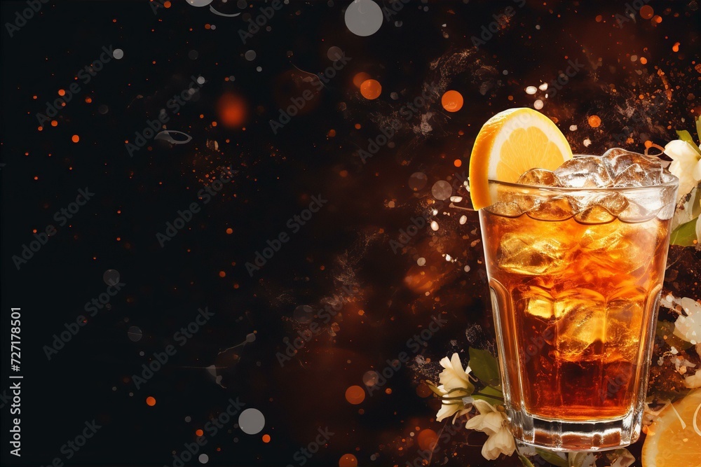 beverage background with a glass of cocktail and a slice of orange on black background beverage background with a glass of cocktail and a slice of orange on black background
