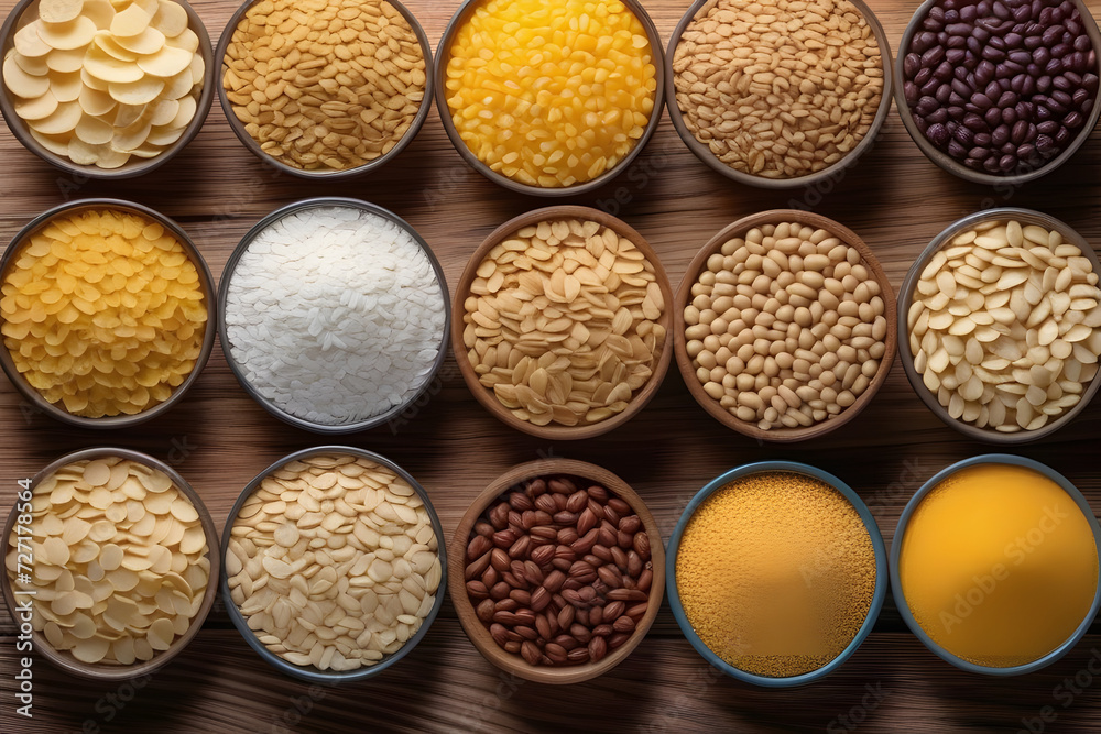 Assorted Organic Grains and Beans in Beautiful Ceramic Bowls Arranged on Rustic Wooden Table Assorted Organic Grains and Beans in Beautiful Ceramic Bowls Arranged on Rustic Wooden Table