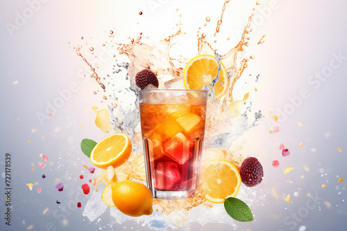 beverage background with a glass of cocktail  oranges and dynamic splash of water on gray background