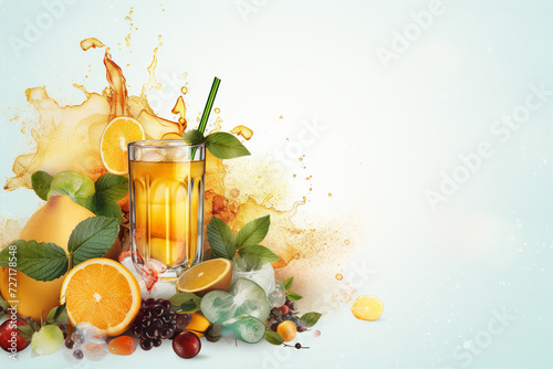 beverage background with a glass of cocktail and fruits on light blue background
