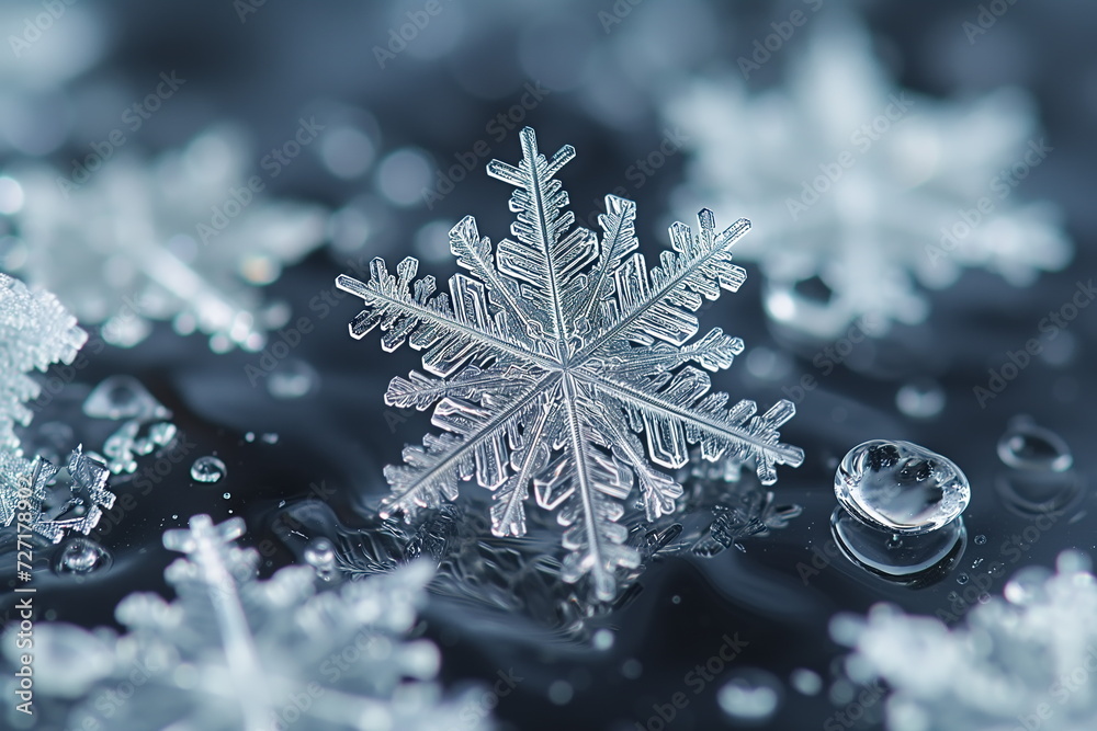 Snowflake in macro shot, Snowflakes in Detail. Close-Up Snow Crystals. Snowflake in macro shot, Snowflakes in Detail. Close-Up Snow Crystals.