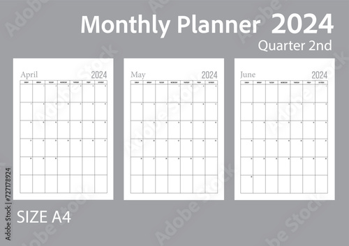 Blank 2nd quarter, monthly planner, set of 3 month of year 2024 start at Sunday without holiday.