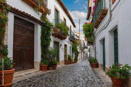 a narrow cobblestone street lined with potted plants, spanish alleyway, narrow and winding cozy streets, narrow streets,