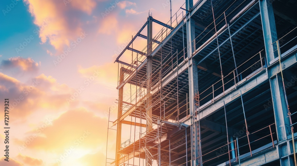 Construction site with crane and building.