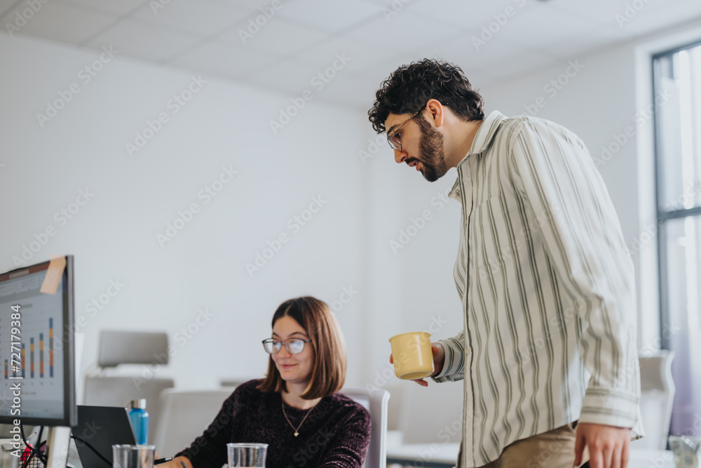 Fototapeta premium Business employees collaborating and brainstorming in a modern office, working together for business growth.