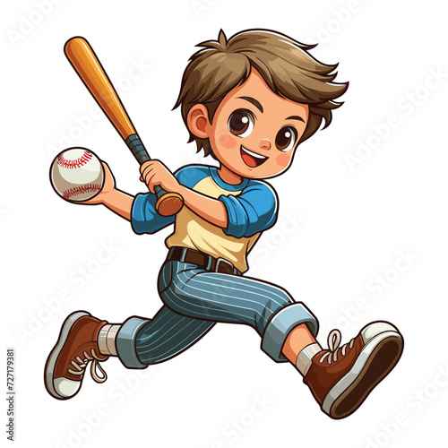 Happy cute little boy playing baseball softball in action cartoon vector illustration, hitter swinging with bat design template isolated on white background