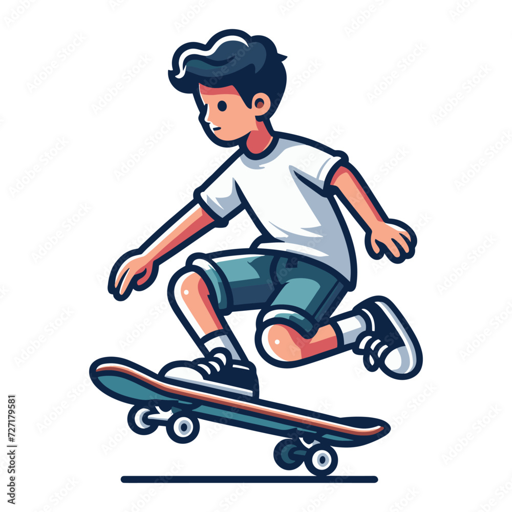 happy cute little kid boy playing skateboard vector illustration, boy skater design template isolated on white background