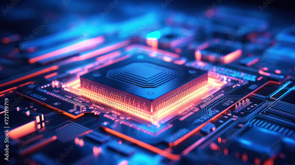 Concept CPU. Close-up of modern computer micro chip in neon light. Generative AI