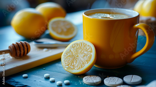 Orange mug of tea with lemon and honey on the background of medicines. The concept of treatment of colds by means of folk medicine. Vitamin drink