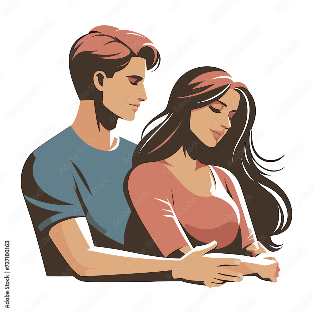 Fototapeta premium Romantic couple lovers vector illustration, Happy young male female couple together, wife and husband loving relationships. Flat design illustration isolated on white background