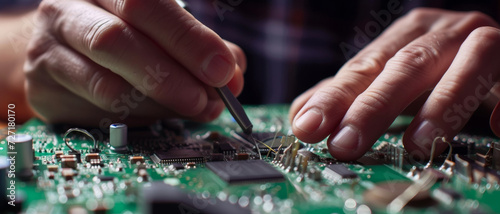 Precision and care in technology, hands expertly navigate a circuit board's intricate landscape