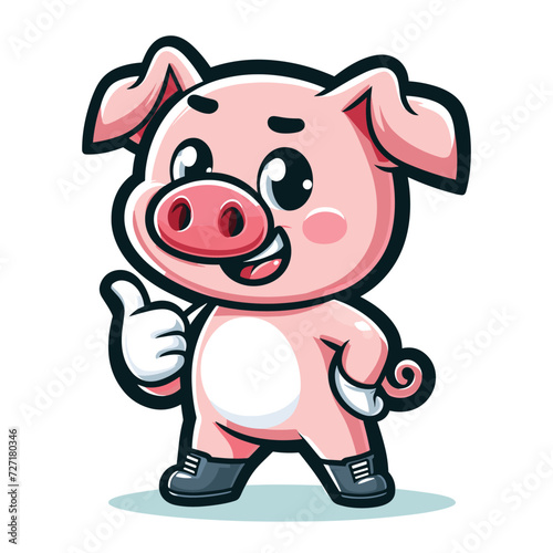 Cute adorable pig giving thumbs up cartoon character vector illustration  funny piggy flat design template isolated on white background