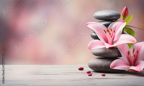 Spa stones and purple flowers on solid color background, yoga meditation relaxation nature tranquility concept illustration photo