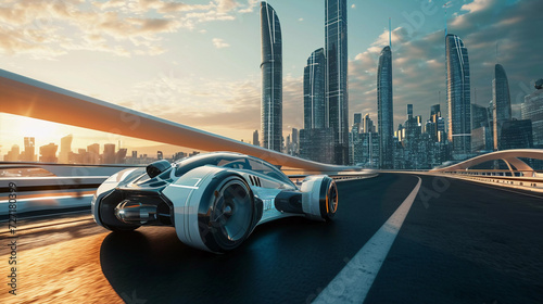 Futuristic self-driving vehicle moving on highway heading to the smart city with skyscrapers and sunlight background	
 photo