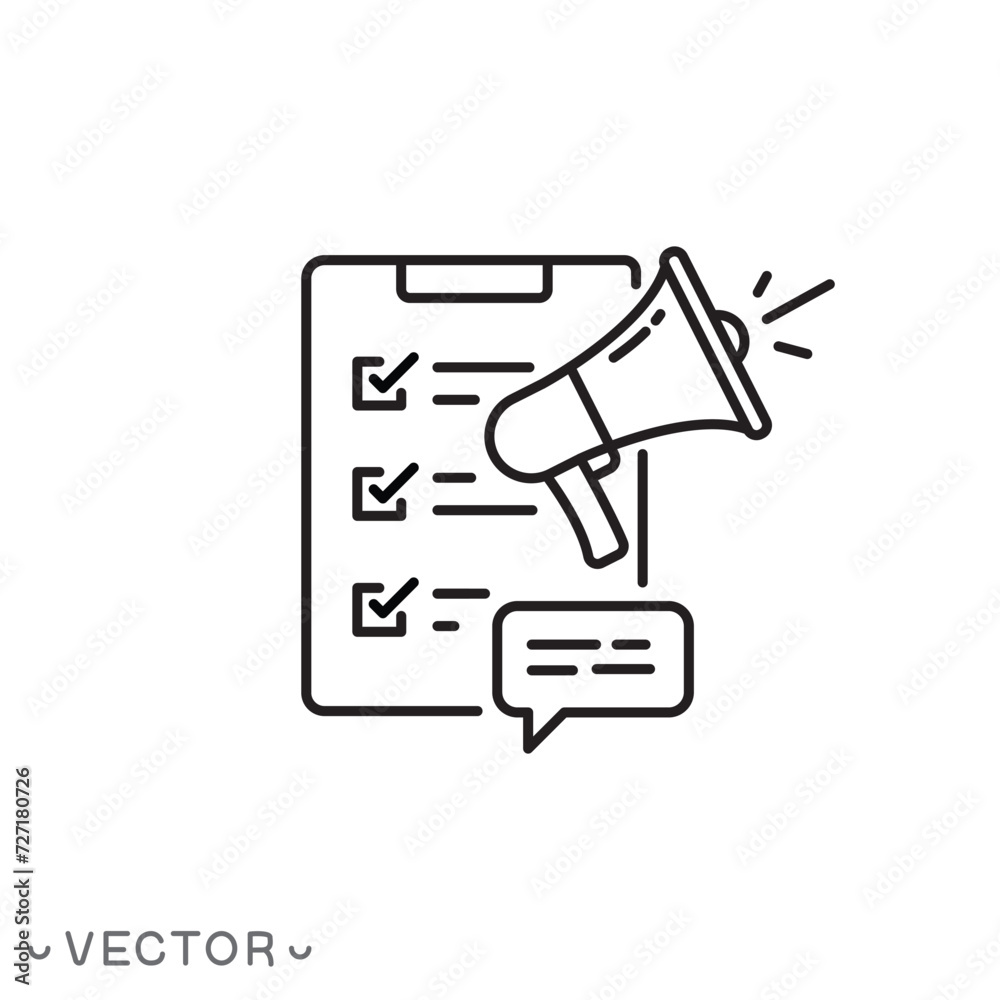 survey with feedback icon, evaluate customer, report quote, client blog, online management, satisfaction grade, forum poll, thin line symbol isolated on white background, editable stroke eps 10 vector survey with feedback icon, evaluate customer, report quote, client blog, online management, satisfaction grade, forum poll, thin line symbol isolated on white background, editable stroke eps 10 vector