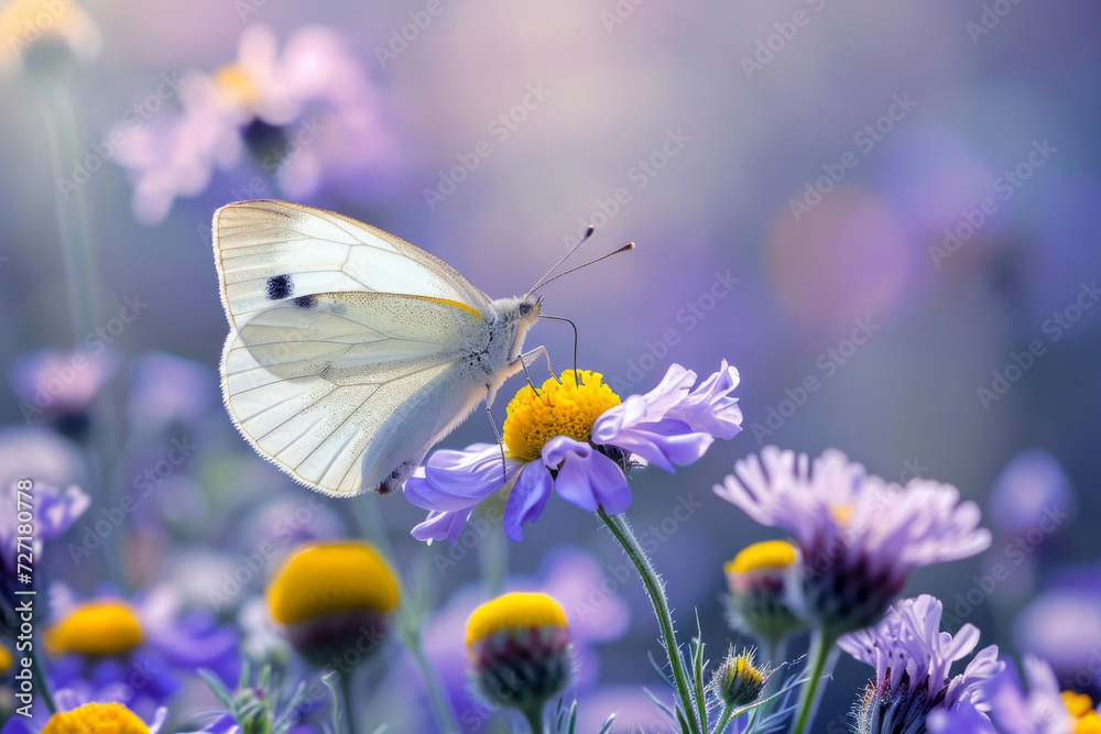 Naklejka premium Сabbage butterfly sitting on purple flowers, spring nature
