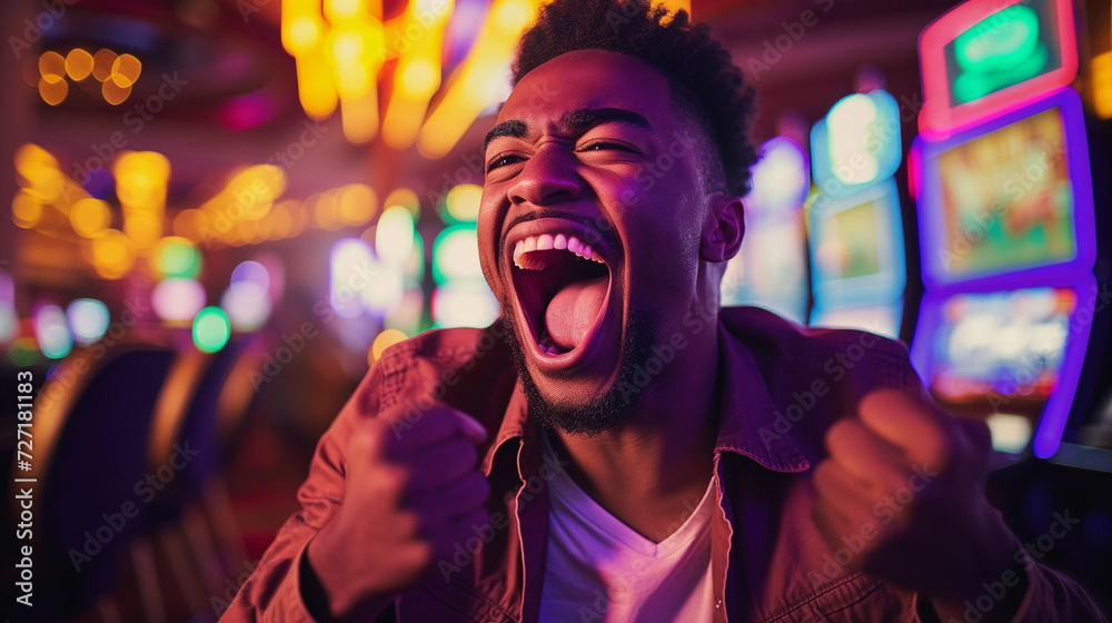 African American happy man happy man screams because he won casino money - obrazy, fototapety, plakaty 