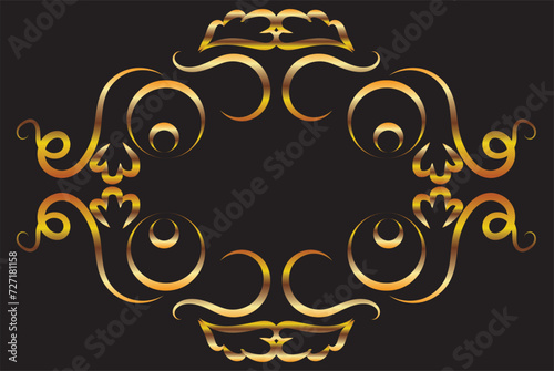 Fantasy ornament with leaves, curls. Symmetrical ornament, applique, background. Gold gradient on a black background for printing on fabric, applique and cards.