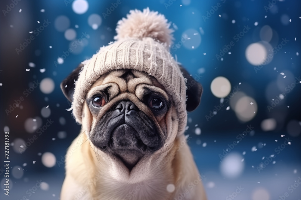 A charming pug in a funny knitted hat sits outside in the park. Snow falls. Christmas pets concepts. Funny puppy is waiting for the winter holidays. Cute curious pug portrait. Blurred background