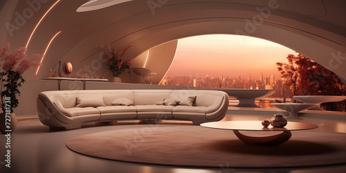 Futuristic Modern living room Design, panoramic view concept design, focus on sleek lines and innovative materials, Futuristic interior design © Ammar Anwar 