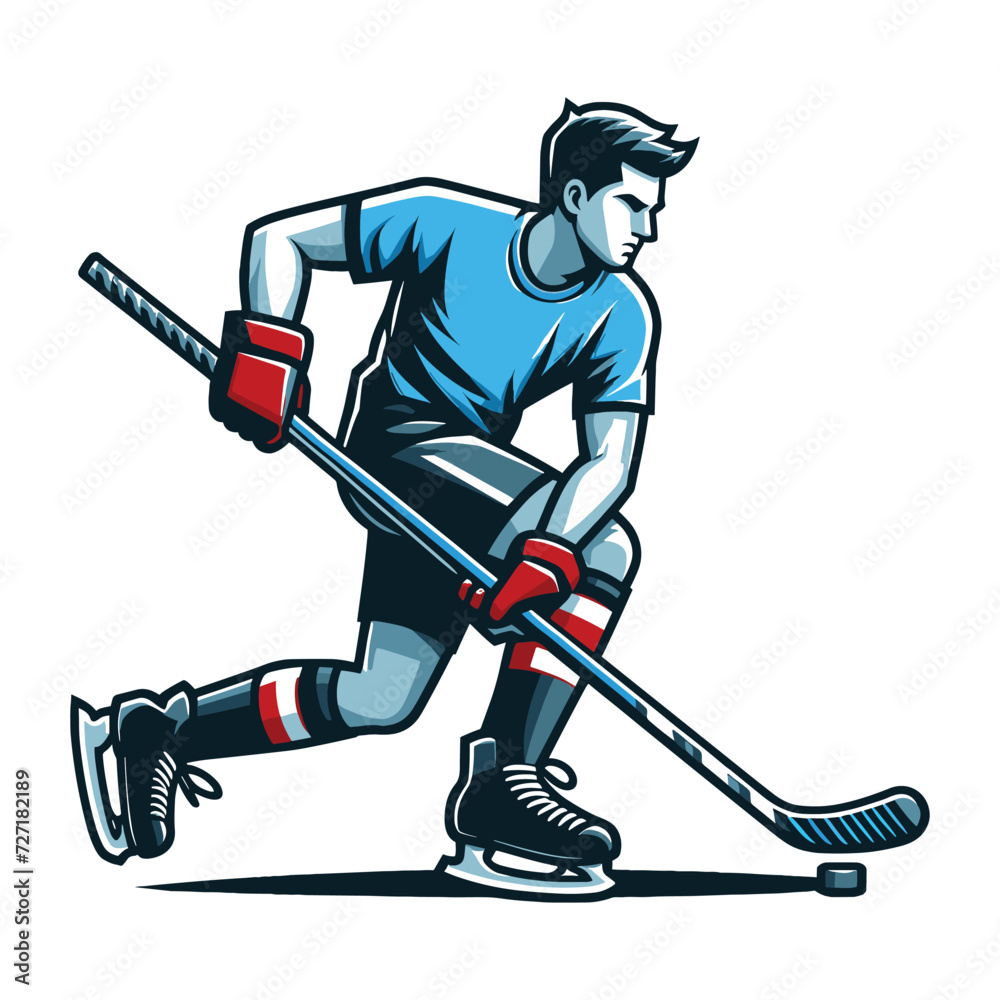 Obraz premium Ice hockey player sportsman vector illustration, winter sport activity, hockey male player design template isolated on white background