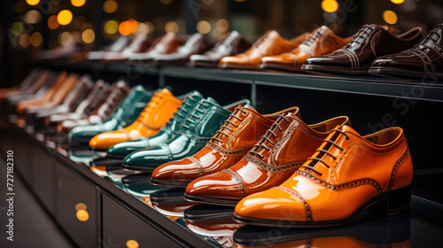 Mens fashion leather shoes on shop window. Concept of diversity, high quality, elegance, honest business relationship