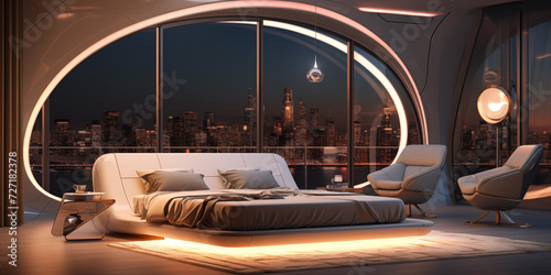 Futuristic Modern bedroom Interior Design, panoramic view concept design, focus on sleek lines and innovative materials, Futuristic interior design