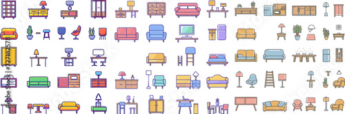 Furniture flat line icons set. Kitchen, bedroom, sofa table, bookcase closet, chair, mattress, lamps, ladder vector illustrations