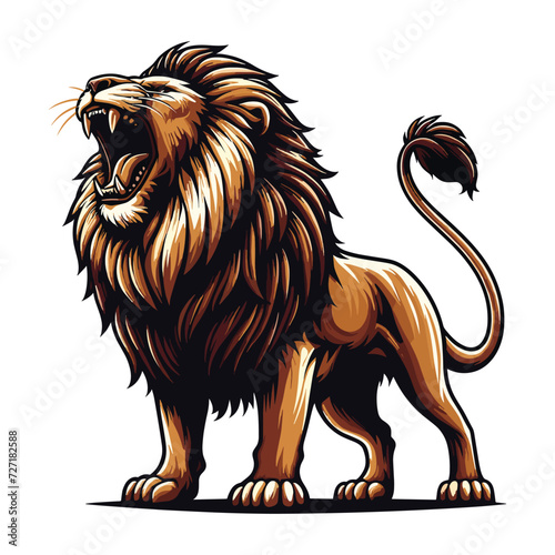 Wild roaring lion full body vector illustration, zoology illustration, majestic predator safari animal big cat design template isolated on white background