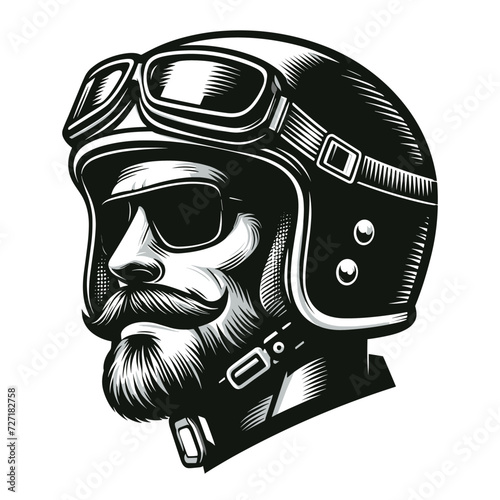 Vintage label man in a helmet design vector illustration for t-shirt print, poster, emblem. Motorcycle biker logo badge template isolated on white background